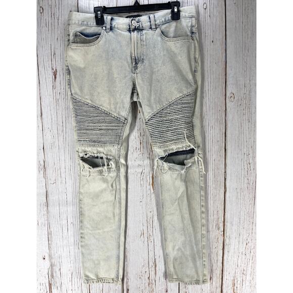 PacSun Men Stacked Skinny Jeans Size 32 Blue Acid Wash Denim Retro Cotton STAINS - Picture 1 of 11